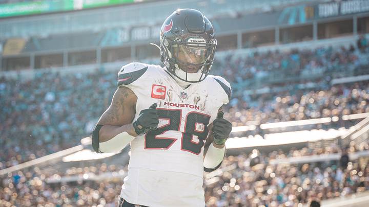 Dec 1, 2024; Jacksonville, Florida, USA; Houston Texans running back Joe Mixon (28) celebrates his touchdown against the Jacksonville Jaguars in the third quarter at EverBank Stadium. Dec 1, 2024; Jacksonville, Florida, USA; Houston Texans running back Joe Mixon (28) celebrates his touchdown against the Jacksonville Jaguars in the third quarter at EverBank Stadium.