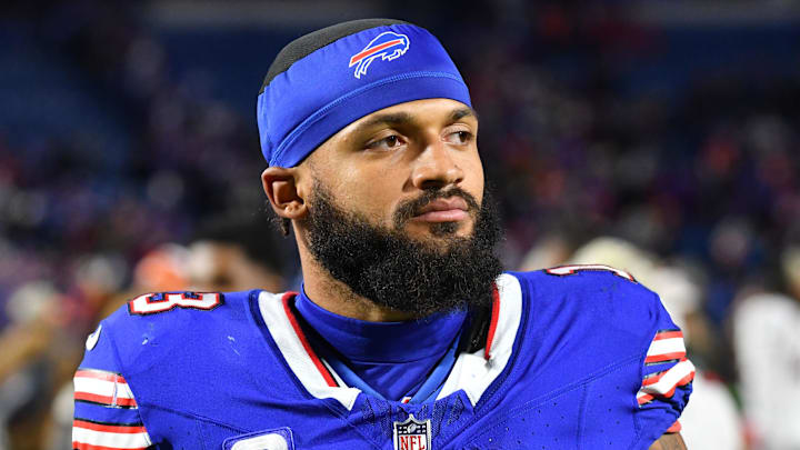 Nov 13, 2023; Orchard Park, New York, USA; Buffalo Bills wide receiver Gabe Davis (13) leaves the field after a game against the Denver Broncos at Highmark Stadium. 