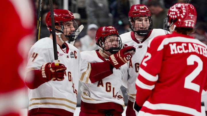 Boston College men's hockey celebrates a goal against Boston University in the Beanpot championship on Feb. 9, 2026. Photo Credit: John Sexton / Boston College Eagles On SI
