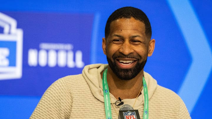 Feb 27, 2024; Indianapolis, IN, USA; Cleveland Browns  Executive Vice President of Football Operations and General Manager Andrew Berry talks to the media at the 2024 NFL Combine at Indiana Convention Center. Mandatory Credit: Trevor Ruszkowski-Imagn Images
