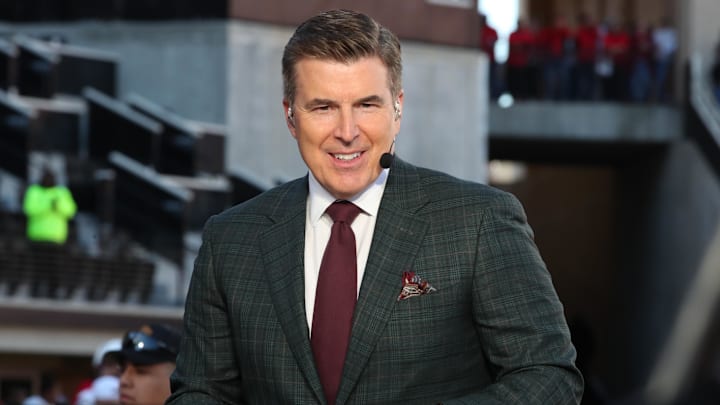 Nov 8, 2025; Lubbock, Texas, USA;  ESPN College Game Day host Rece Davis before the game between the Texas Tech Red Raiders and the Brigham Young Cougars at Jones AT&T Stadium. Mandatory Credit: Michael C. Johnson-Imagn Images