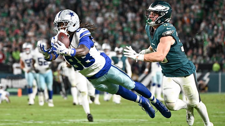 Sep 4, 2025; Philadelphia, Pennsylvania, USA; Dallas Cowboys wide receiver CeeDee Lamb (88) is unable to make a reception defended by Philadelphia Eagles cornerback Cooper DeJean (33) during the fourth quarter of the game at Lincoln Financial Field. Mandatory Credit: Eric Hartline-Imagn Images