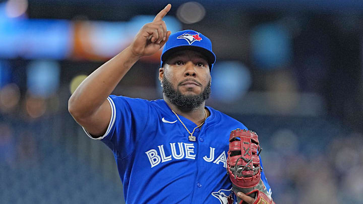 Apr 14, 2025; Toronto, Ontario, CAN; Toronto Blue Jays first baseman Vladimir Guerrero Jr. (27) acknowledges the crowd before the start of a game against the Atlanta Braves at Rogers Centre
