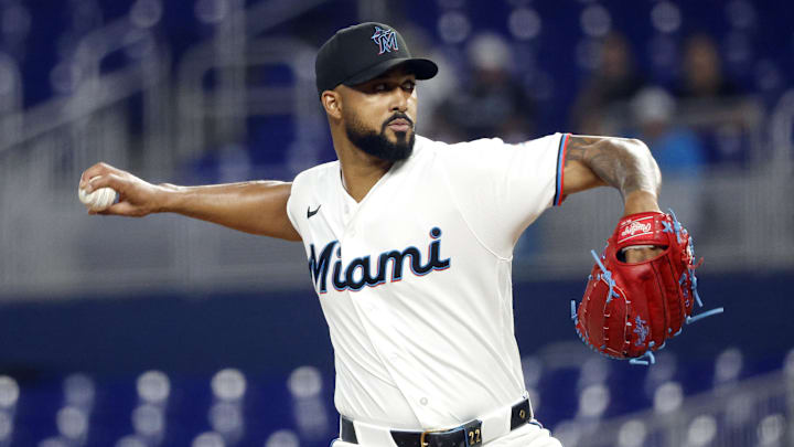 Apr 7, 2026; Miami, Florida, USA;  Miami Marlins starting pitcher Sandy Alcantara (22) pitches against the Cincinnati Reds in the first inning at loanDepot Park. Mandatory Credit: Rhona Wise-Imagn Images