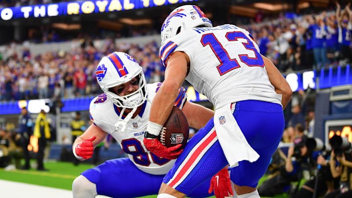 Dec 8, 2024; Inglewood, California, USA; Buffalo Bills wide receiver Mack Hollins (13) celebrates his touchdown scored against the Los Angeles Rams with tight end Dawson Knox (88) during the second half at SoFi Stadium.