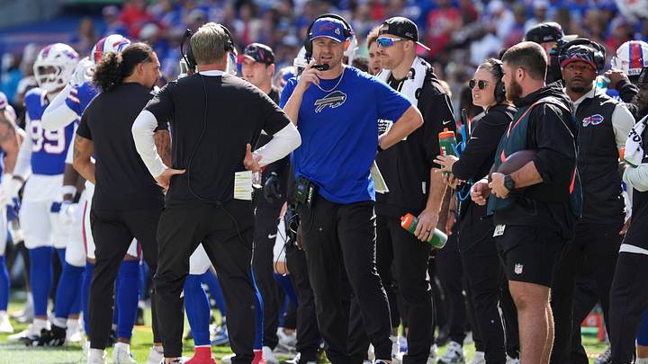 Oct 4, 2026; Orchard Park, New York, USA; Buffalo Bills head coach Joe Brady looks on during the second quarter against the New England Patriots at New Highmark Stadium. Mandatory Credit: Gregory Fisher-Imagn Images Oct 4, 2026; Orchard Park, New York, USA; Buffalo Bills head coach Joe Brady looks on during the second quarter against the New England Patriots at New Highmark Stadium. Mandatory Credit: Gregory Fisher-Imagn Images