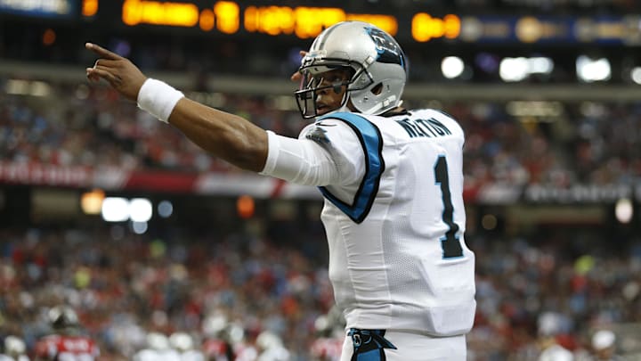 Dec 27, 2015; Atlanta, GA, USA; Carolina Panthers quarterback Cam Newton (1) celebrates a play against the Atlanta Falcons in the first quarter at the Georgia Dome. Mandatory Credit: Jason Getz-Imagn Images