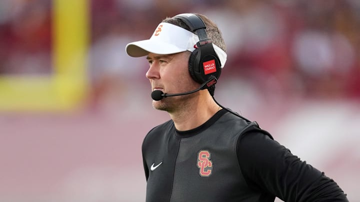 Aug 30, 2025; Los Angeles, California, USA; Southern California Trojans head coach Lincoln Riley watches from the sidelines against the Missouri State Bears in the first half at United Airlines Field at Los Angeles Memorial Coliseum. Mandatory Credit: Kirby Lee-Imagn Images Aug 30, 2025; Los Angeles, California, USA; Southern California Trojans head coach Lincoln Riley watches from the sidelines against the Missouri State Bears in the first half at United Airlines Field at Los Angeles Memorial Coliseum. Mandatory Credit: Kirby Lee-Imagn Images