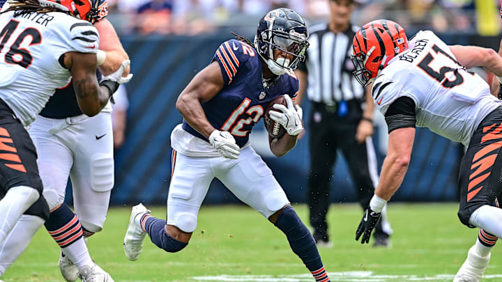 Aug 17, 2024; Chicago, Illinois, USA; Chicago Bears wide receiver Velus Jones Jr. (12) runs the ball against the Cincinnati Bengals during the third quarter at Soldier Field. Mandatory Credit: Daniel Bartel-Imagn Images