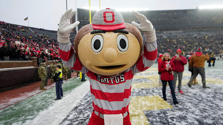 Ohio State Buckeyes mascot Brutus celebrates following the NCAA football game against the Michigan Wolverines at Michigan Stadium in Ann Arbor, Mich., on Nov. 29, 2025. Ohio State won 27-9. Ohio State Buckeyes mascot Brutus celebrates following the NCAA football game against the Michigan Wolverines at Michigan Stadium in Ann Arbor, Mich., on Nov. 29, 2025. Ohio State won 27-9.