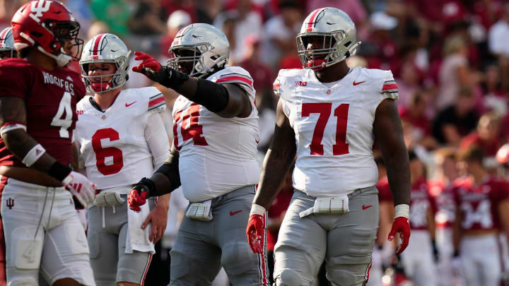 Sep 2, 2023; Bloomington, Indiana, USA; Ohio State Buckeyes offensive lineman Josh Simmons (71) lines up beside offensive lineman Donovan Jackson (74) during the NCAA football game at Indiana University Memorial Stadium. Ohio State won 23-3.