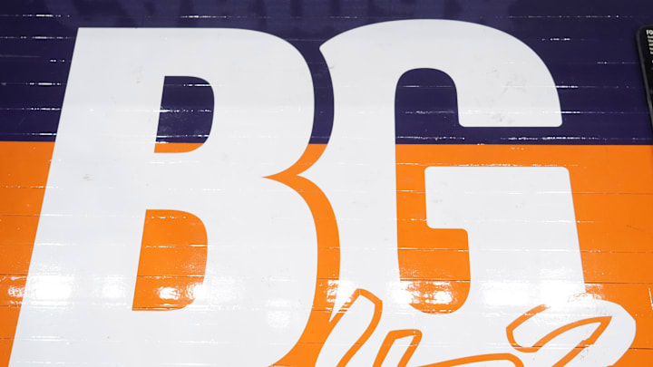 Jun 29, 2022; Phoenix, Arizona, USA; BG42 signage is shown on the court at Footprint Center in support of Phoenix Mercury center Brittney Griner (not pictured) prior to the game between the Phoenix Mercury and the Indiana Fever. Mandatory Credit: Joe Camporeale-Imagn Images