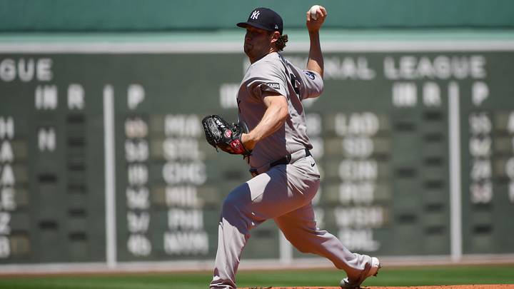 New York Yankees pitcher Gerrit Cole (45) pitches during the first inning against the Boston Red Sox at Fenway Park.