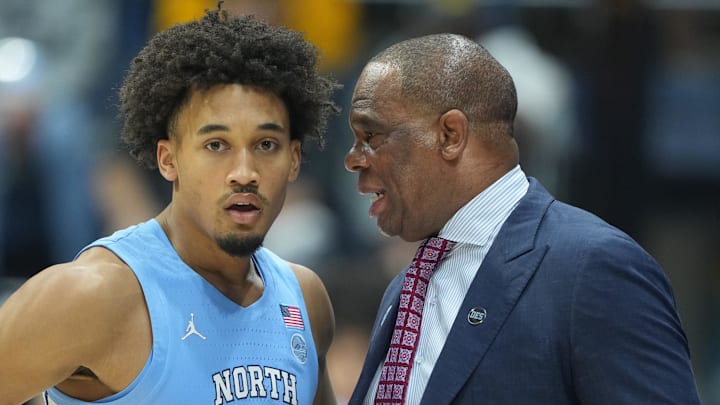 Jan 17, 2026; Berkeley, California, USA; North Carolina Tar Heels head coach Hubert Davis (right) talks with guard Seth Trimble (7) during the first half against the California Golden Bears at Haas Pavilion. Mandatory Credit: Darren Yamashita-Imagn Images Jan 17, 2026; Berkeley, California, USA; North Carolina Tar Heels head coach Hubert Davis (right) talks with guard Seth Trimble (7) during the first half against the California Golden Bears at Haas Pavilion. Mandatory Credit: Darren Yamashita-Imagn Images