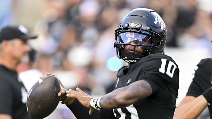 Oct 4, 2025; College Station, Texas, USA; Texas A&M Aggies quarterback Marcel Reed (10) warms up prior to the game against the Mississippi State Bulldogs at Kyle Field. Mandatory Credit: Maria Lysaker-Imagn Images 