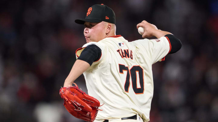 Apr 8, 2024; San Francisco, California, USA; San Francisco Giants pitcher Kai-Wei Teng (70) throws a pitch against the Washington Nationals during the eighth inning at Oracle Park.