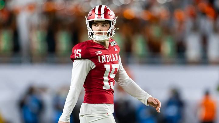 Jan 19, 2026; Miami Gardens, FL, USA; Indiana Hoosiers kicker Nico Radicic (15) against the Miami Hurricanes in the College Football Playoff National Championship game at Hard Rock Stadium. Mandatory Credit: Mark J. Rebilas-Imagn Images