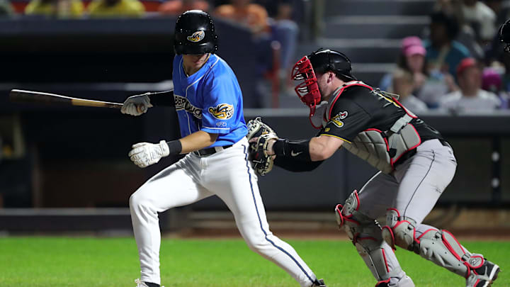 Akron RubberDucks second baseman Milan Tolentino (11) is tagged by Erie SeaWolves catcher Liam Hicks (19) after striking out during the fifth inning of Game 1 of the Eastern League Playoffs at Canal Park, Tuesday, Sept. 17, 2024, in Akron, Ohio. Akron RubberDucks second baseman Milan Tolentino (11) is tagged by Erie SeaWolves catcher Liam Hicks (19) after striking out during the fifth inning of Game 1 of the Eastern League Playoffs at Canal Park, Tuesday, Sept. 17, 2024, in Akron, Ohio.