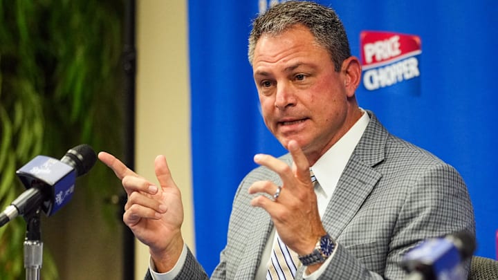 Nov 3, 2022; Kansas City, Missouri, USA; Kansas City Royals general manager J.J. Picollo talks with media during a press conference at Kauffman Stadium. Mandatory Credit: Jay Biggerstaff-Imagn Images