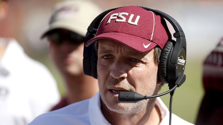 Nov 4, 2017; Tallahassee, FL, USA; Florida State Seminoles head coach Jimbo Fisher against the Syracuse Orange at Doak Campbell Stadium. Mandatory Credit: Glenn Beil-Imagn Images Nov 4, 2017; Tallahassee, FL, USA; Florida State Seminoles head coach Jimbo Fisher against the Syracuse Orange at Doak Campbell Stadium. Mandatory Credit: Glenn Beil-Imagn Images