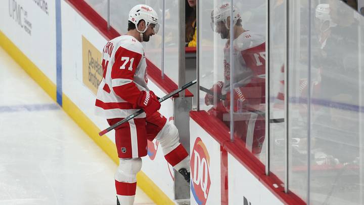 Mar 31, 2026; Pittsburgh, Pennsylvania, USA;  Detroit Red Wings center Dylan Larkin (71) enters the penalty box after being called for tripping against the Pittsburgh Penguins during the third period at PPG Paints Arena. Mandatory Credit: Charles LeClaire-Imagn Images