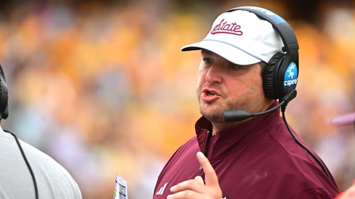 Mississippi State Bulldogs head coach Jeff Lebby talks into his headset against the Southern Miss Golden Eagles during the first quarter at M.M. Roberts Stadium in Hattiesburg, Miss., on Aug. 30, 2025. Mississippi State Bulldogs head coach Jeff Lebby talks into his headset against the Southern Miss Golden Eagles during the first quarter at M.M. Roberts Stadium in Hattiesburg, Miss., on Aug. 30, 2025.