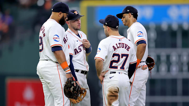 May 5, 2024; Houston, Texas, USA; (from L-to-R) Houston Astros first baseman Jon Singleton (28)