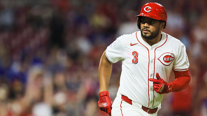Jul 29, 2024; Cincinnati, Ohio, USA; Cincinnati Reds designated hitter Jeimer Candelario (3) reacts after hitting a solo home run in the eighth inning against the Chicago Cubs at Great American Ball Park. Mandatory Credit: Katie Stratman-Imagn Images