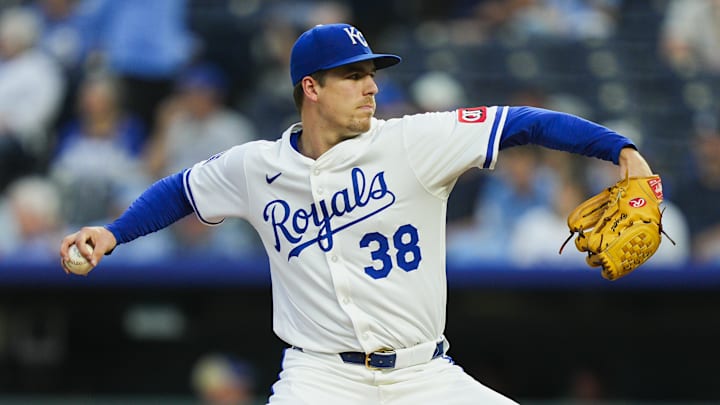 Sep 3, 2025; Kansas City, Missouri, USA; Kansas City Royals starting pitcher Ryan Bergert (38) pitches during the third inning against the Los Angeles Angels at Kauffman Stadium. Mandatory Credit: Jay Biggerstaff-Imagn Images