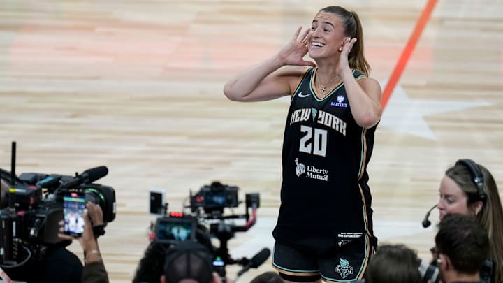 New York Liberty's Sabrina Ionescu (20) celebrates Friday, July 18, 2025, after winning the WNBA All-Star 3-point contest at Gainbridge Fieldhouse in Indianapolis.