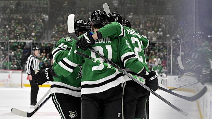 Feb 13, 2024; Dallas, Texas, USA; Dallas Stars center Matt Duchene (95) and center Tyler Seguin (91)