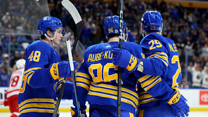 Dec 9, 2024; Buffalo, New York, USA; Buffalo Sabres right wing Nicolas Aube-Kubel (96) celebrates his goal with teammates during the second period against the Detroit Red Wings at KeyBank Center. Mandatory Credit: Timothy T. Ludwig-Imagn Images Dec 9, 2024; Buffalo, New York, USA; Buffalo Sabres right wing Nicolas Aube-Kubel (96) celebrates his goal with teammates during the second period against the Detroit Red Wings at KeyBank Center. Mandatory Credit: Timothy T. Ludwig-Imagn Images