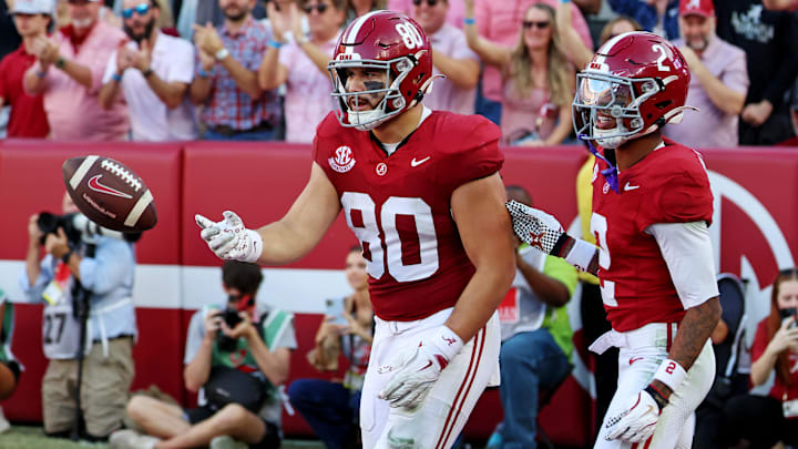 Nov 15, 2025; Tuscaloosa, Alabama, USA;  Alabama Crimson Tide tight end Josh Cuevas (80) celebrates after scoring a touchdown during the first half against the Oklahoma Sooners at Saban Field at Bryant-Denny Stadium. Mandatory Credit: David Leong-Imagn Images