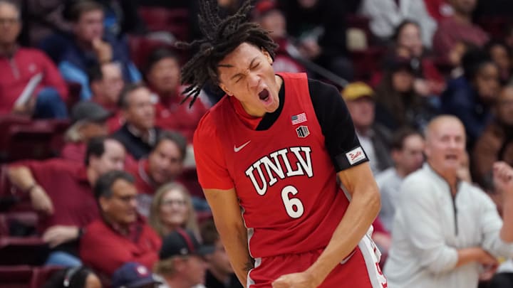 UNLV Runnin' Rebels forward Tyrin Jones (6) celebrates a basket against the Stanford Cardinal in the first half at Maples Pavilion. Mandatory Credit: David Gonzales-Imagn Images
