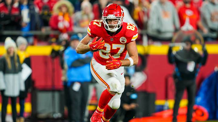 Dec 8, 2024; Kansas City, Missouri, USA; Kansas City Chiefs tight end Travis Kelce (87) runs with the ball during the second half against the Los Angeles Chargers at GEHA Field at Arrowhead Stadium. Mandatory Credit: Jay Biggerstaff-Imagn Images Dec 8, 2024; Kansas City, Missouri, USA; Kansas City Chiefs tight end Travis Kelce (87) runs with the ball during the second half against the Los Angeles Chargers at GEHA Field at Arrowhead Stadium. Mandatory Credit: Jay Biggerstaff-Imagn Images