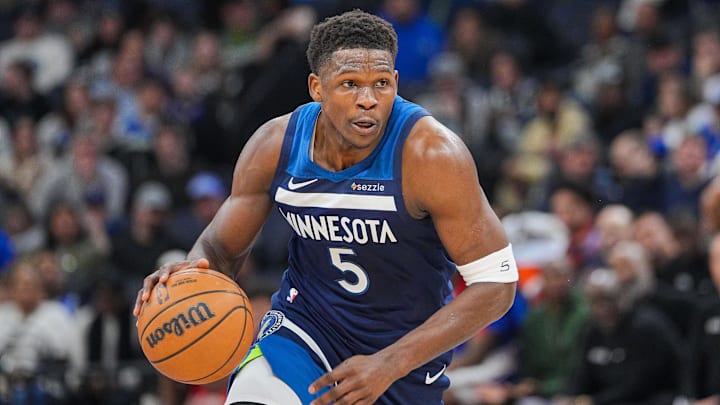 Mar 4, 2025; Minneapolis, Minnesota, USA; Minnesota Timberwolves guard Anthony Edwards (5) dribbles against the Philadelphia 76ers in the first quarter at Target Center. Mandatory Credit: Brad Rempel-Imagn Images Mar 4, 2025; Minneapolis, Minnesota, USA; Minnesota Timberwolves guard Anthony Edwards (5) dribbles against the Philadelphia 76ers in the first quarter at Target Center. Mandatory Credit: Brad Rempel-Imagn Images
