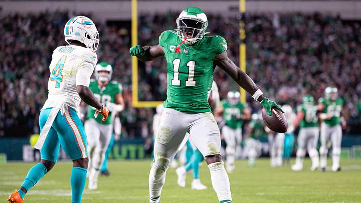 Philadelphia Eagles wide receiver A.J. Brown (11) reacts after a first down catch past Miami Dolphins cornerback Kader Kohou (4) during the fourth quarter at Lincoln Financial Field in a 2023 game. Philadelphia Eagles wide receiver A.J. Brown (11) reacts after a first down catch past Miami Dolphins cornerback Kader Kohou (4) during the fourth quarter at Lincoln Financial Field in a 2023 game.