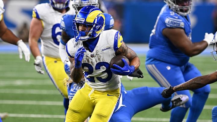 Jan 14, 2024; Detroit, Michigan, USA; Los Angeles Rams running back Kyren Williams (23) runs
