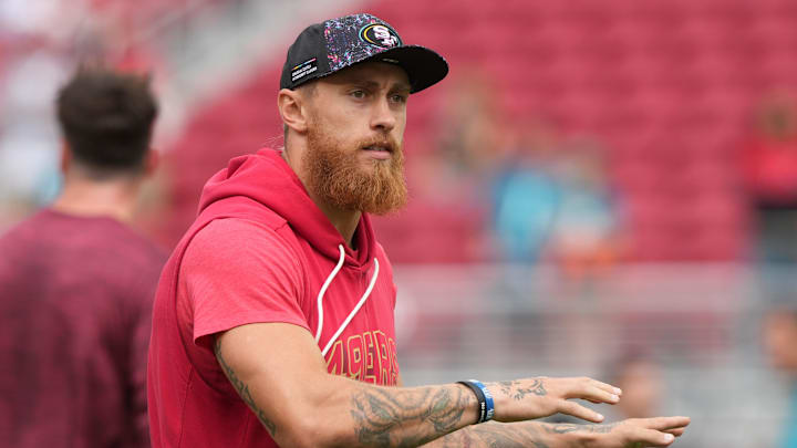 Sep 28, 2025; Santa Clara, California, USA; San Francisco 49ers tight end George Kittle before the game against the Jacksonville Jaguars at Levi's Stadium. Mandatory Credit: Darren Yamashita-Imagn Images