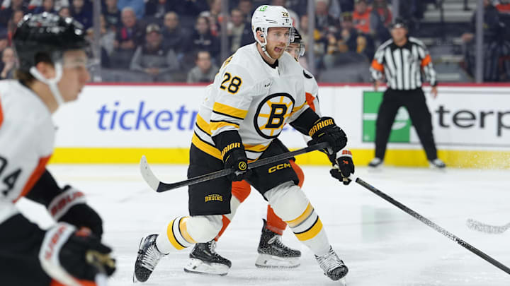 Apr 5, 2026; Philadelphia, Pennsylvania, USA; Boston Bruins center Elias Lindholm (28) in action against the Philadelphia Flyers in the first period at Xfinity Mobile Arena. Mandatory Credit: Kyle Ross-Imagn Images