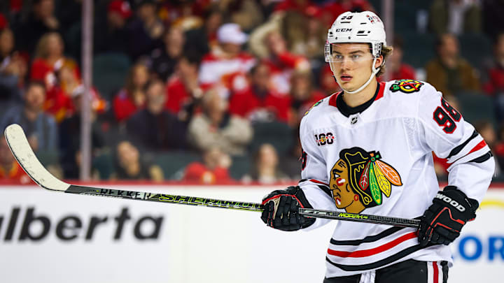 Nov 7, 2025; Calgary, Alberta, CAN; Chicago Blackhawks center Connor Bedard (98) during the face off against the Calgary Flames during the first period at Scotiabank Saddledome. Mandatory Credit: Sergei Belski-Imagn Images Nov 7, 2025; Calgary, Alberta, CAN; Chicago Blackhawks center Connor Bedard (98) during the face off against the Calgary Flames during the first period at Scotiabank Saddledome. Mandatory Credit: Sergei Belski-Imagn Images