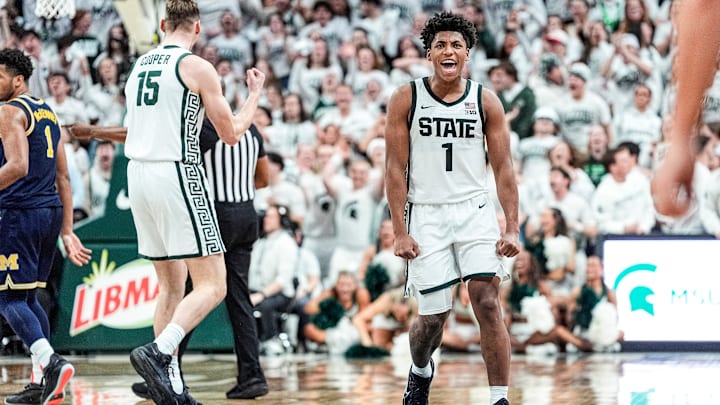 Michigan State guard Jeremy Fears Jr. (1) celebrates a play against Michigan during the second half at Breslin Center in East Lansing on Friday, Jan. 30, 2026.