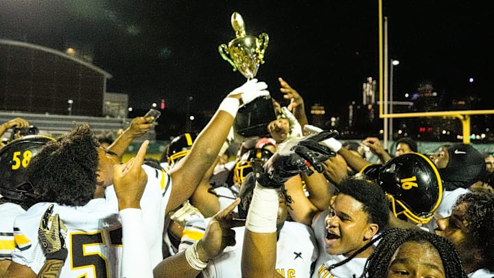 Detroit King players celebrate 18-12 overtime win over Detroit Cass Tech at Cass Tech High School in Detroit on Friday, Sept. 20, 2024. Detroit King players celebrate 18-12 overtime win over Detroit Cass Tech at Cass Tech High School in Detroit on Friday, Sept. 20, 2024.