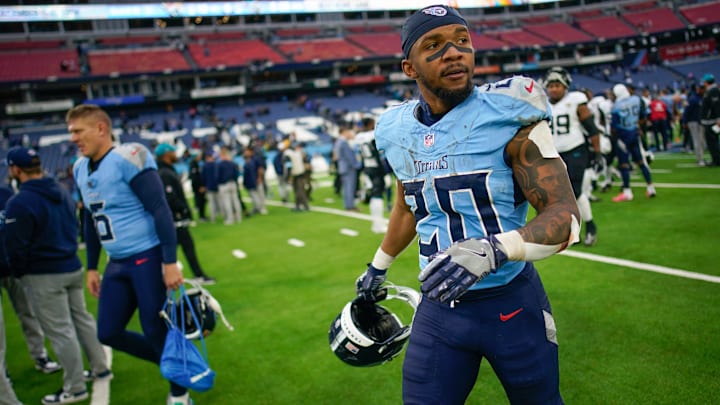Tennessee Titans running back Tony Pollard (20) walks off the field after the game at Nissan Stadium in Nashville, Tenn., Sunday, Dec. 8, 2024.