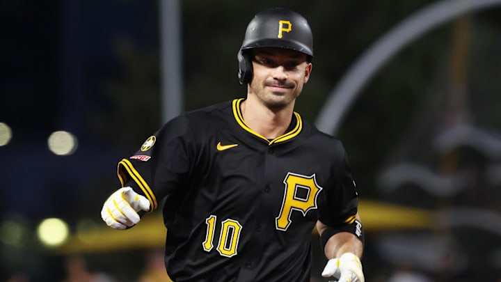 Sep 20, 2025; Pittsburgh, Pennsylvania, USA;  Pittsburgh Pirates right fielder Bryan Reynolds (10) circles the bases on a solo.home run against the Athletics during the third inning at PNC Park. Mandatory Credit: Charles LeClaire-Imagn Images