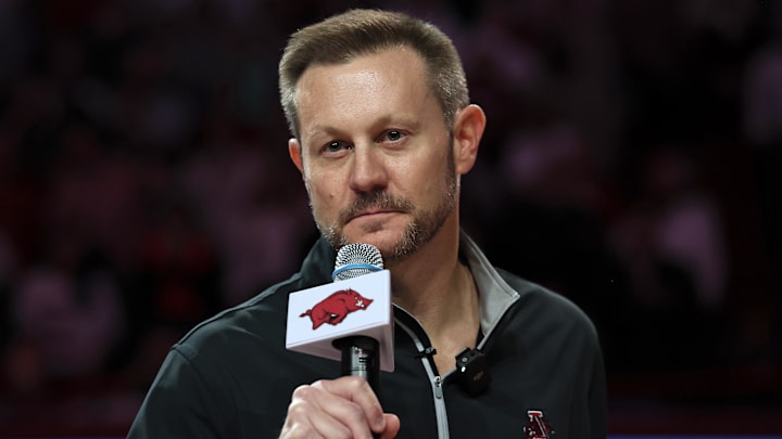 Arkansas Razorbacks new coach Ryan Silverfield speaks to the crowd during halftime against the Louisville Cardinals at Bud Walton Arena. Arkansas Razorbacks new coach Ryan Silverfield speaks to the crowd during halftime against the Louisville Cardinals at Bud Walton Arena.