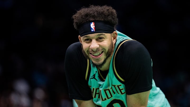 Jan 25, 2025; Charlotte, North Carolina, USA; Charlotte Hornets guard Seth Curry (30) reacts after a call by an official during the third quarter against the New Orleans Pelicans at Spectrum Center. Mandatory Credit: Scott Kinser-Imagn Images