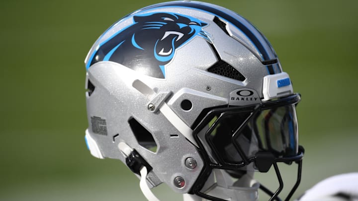 Dec 8, 2024; Philadelphia, Pennsylvania, USA; Carolina Panthers helmet rests on the bench against the Philadelphia Eagles at Lincoln Financial Field. Mandatory Credit: Eric Hartline-Imagn Images
