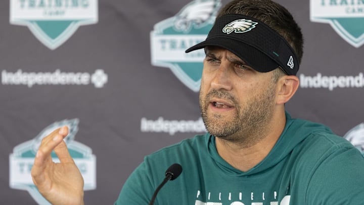 Philadelphia Eagles head coach Nick Sirianni speaks with the media during training camp at NovaCare Complex.
