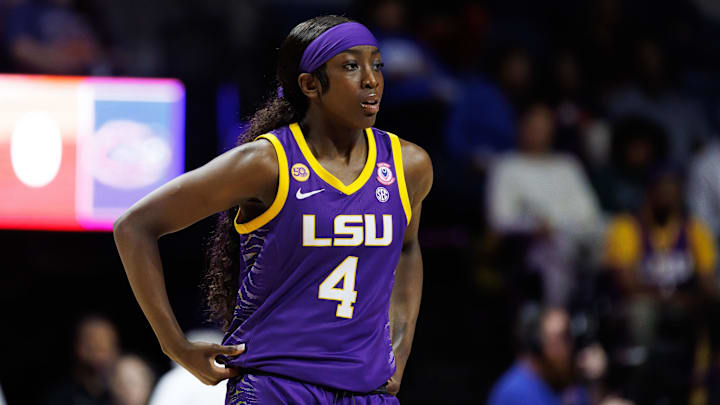 Jan 19, 2025; Gainesville, Florida, USA; LSU Tigers guard Flau'Jae Johnson (4) looks on before a game against the Florida Gators at Exactech Arena at the Stephen C. O'Connell Center. Mandatory Credit: Matt Pendleton-Imagn Images